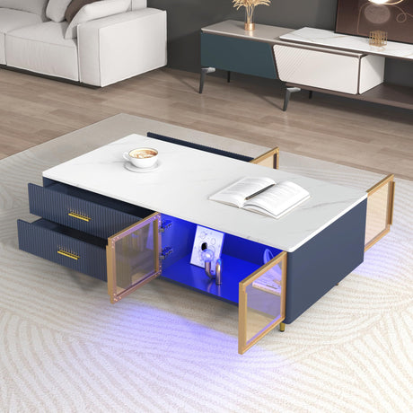 Modern Coffee Table with Glass Doors Storage, 47.2" Large Multi-Color Led Coffee Table with 4 Drawers and Gold Metal Legs, Wooden Rectangle Tea Table Center Table for Living Room, Navy Blue cloblane