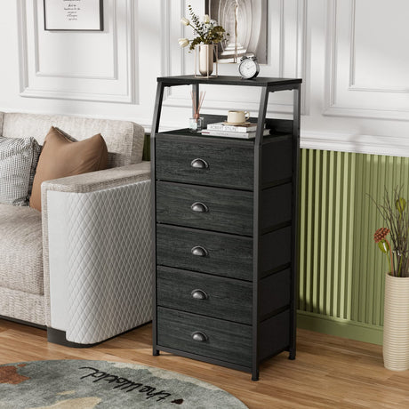 Furnulem Black Dresser with 5 Drawers, Vertical Storage Tower Fabric Dresser for Bedroom, Hallway, Entryway, Nursery, Closet Organizer, Nightstand Bedside Table Furniture, Sturdy Steel Frame, Wood Top Furnulem
