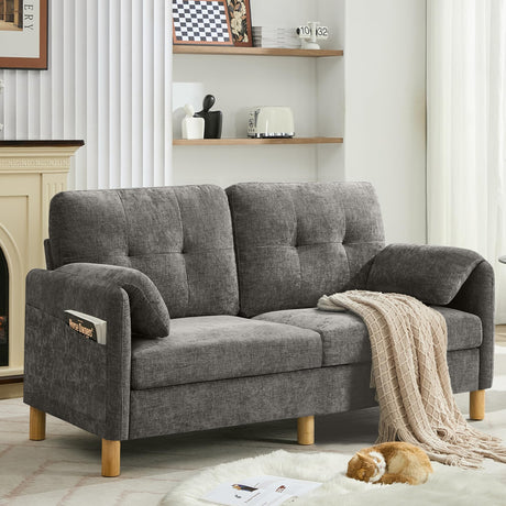 WUTUTUEE 65" Chenille Loveseat Sofa, Modern 2 Seater Love Seat Couch with Armrest Pillows & Pockets, Upholstered Tufted Loveseat Couches for Living Room Bedroom, Easy Assembly, Light Grey WUTUTUEE