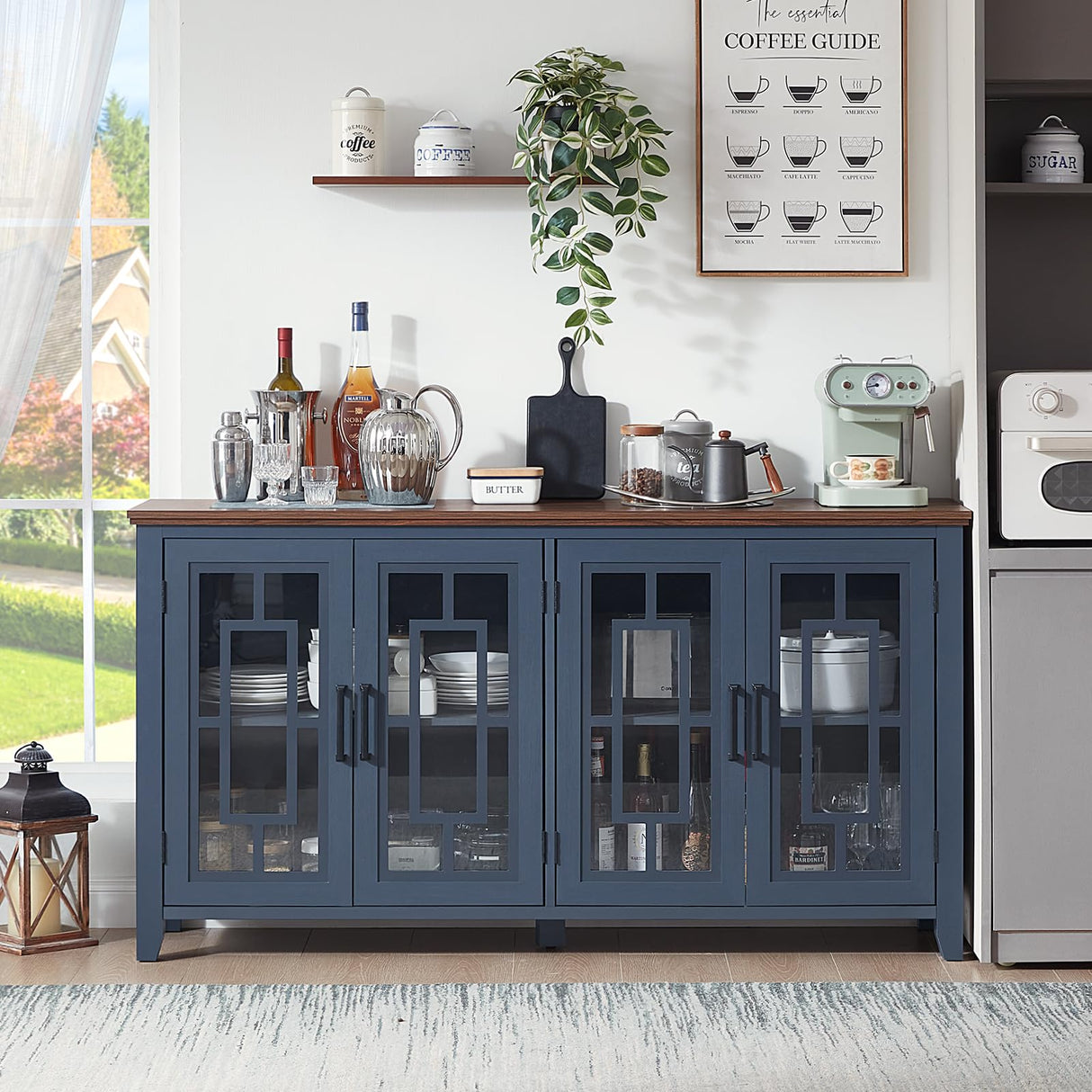 Joaxswe Large Sideboard Buffet Cabinet with Storage, 63" Farmhouse Navy Blue Kitchen Coffee Wine Bar Cabinet with 4 Glass Doors, Mid Century Modern Wood Side Board Table for Dining Room, Living Room Joaxswe