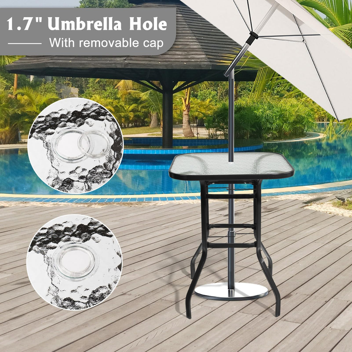 VINGLI Outdoor Bar Table with Umbrella Hole Metal Patio Bar Table, Outdoor Bar Height Table Pub Table for Patio High Top Table (Black) VINGLI