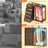 Cyclysio Dresser with Hanging Rack, 5 Fabric Drawers Dresser with Clothes Rack, Wooden Top Storage Chest of Drawers with Charging Station & LED Lights, Lockable Wheels, Closet Cyclysio