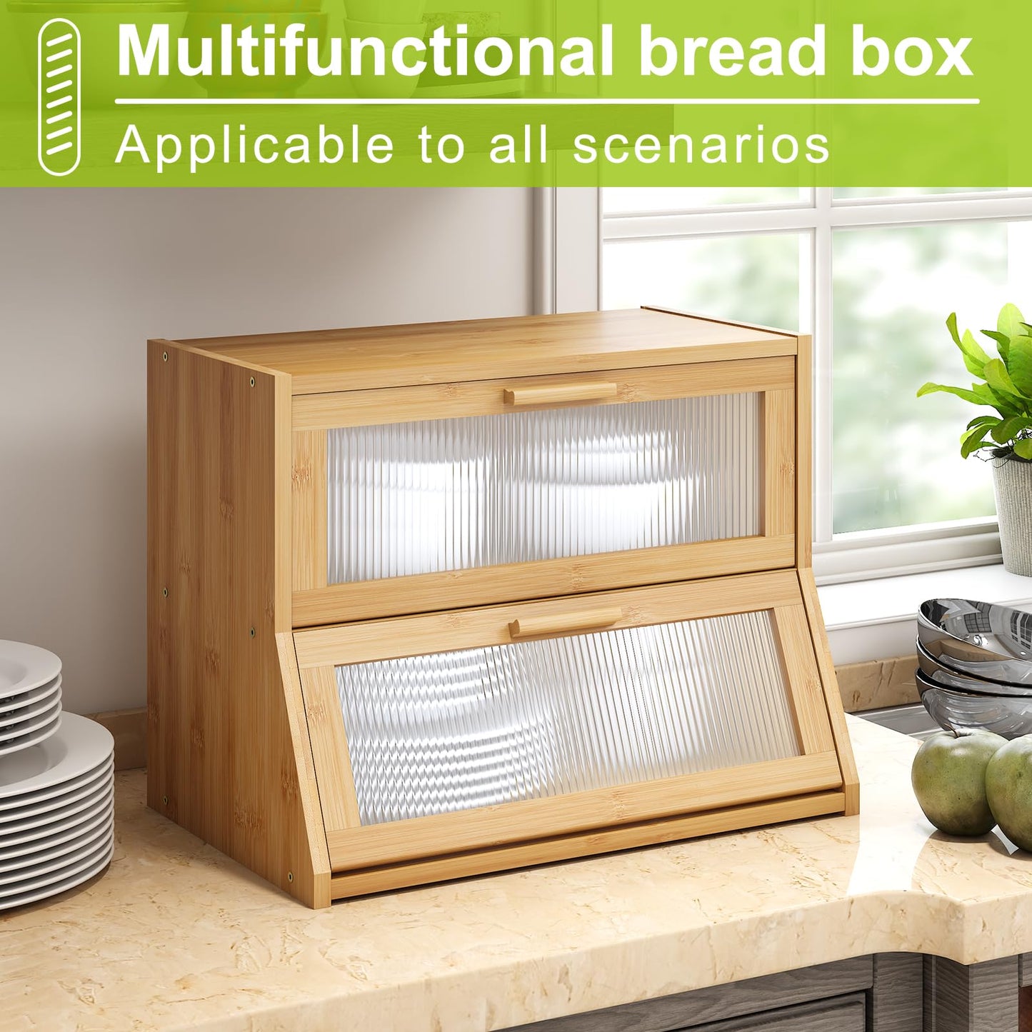 Large Bread Box Double Layer Bamboo Bread Box for Kitchen Counter Container Farmhouse Bread Box Bread Holder Capacity Bread Storage Bin(Natural)