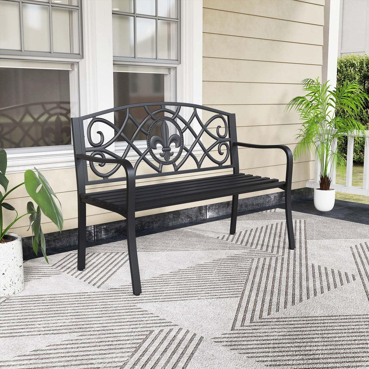 Giantex 50.5” Outdoor Bench with Metal Frame, Floral Design Cast Iron Backrest, Slatted Seat, Adjustable Foot Pads, Load 660Lbs, Garden Bench for Outside Patio Backyard Porch Park, Black Giantex