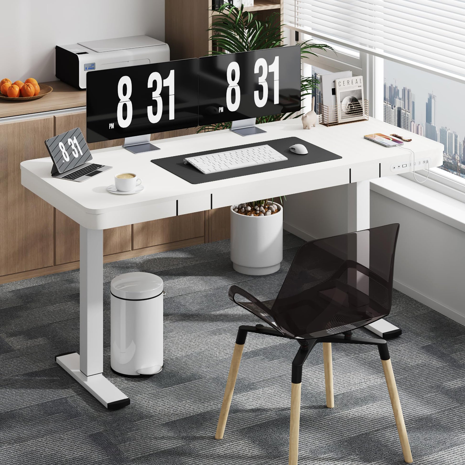 Shahoo Electric Standing Desk with Drawer, 55 x 24 inches with USB Charging Ports, Height Adjustable for Home & Office, White - WoodArtSupply