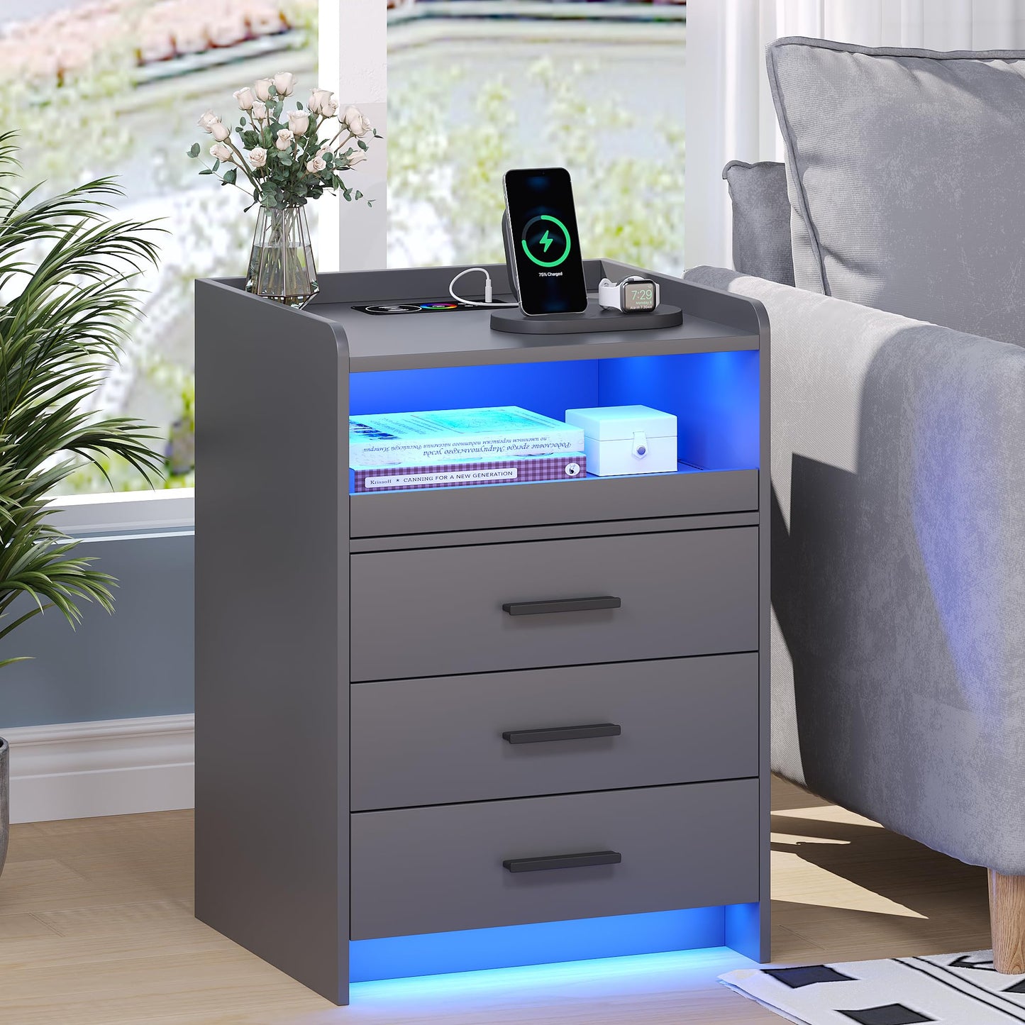 FREDEES Nightstand with Wireless Charging Station Bedside Table with RGB Light & Human Sensor Design 3 Drawers LED Modern Night Stand End Table for Bedroom Livingroom Office- Grey - WoodArtSupply