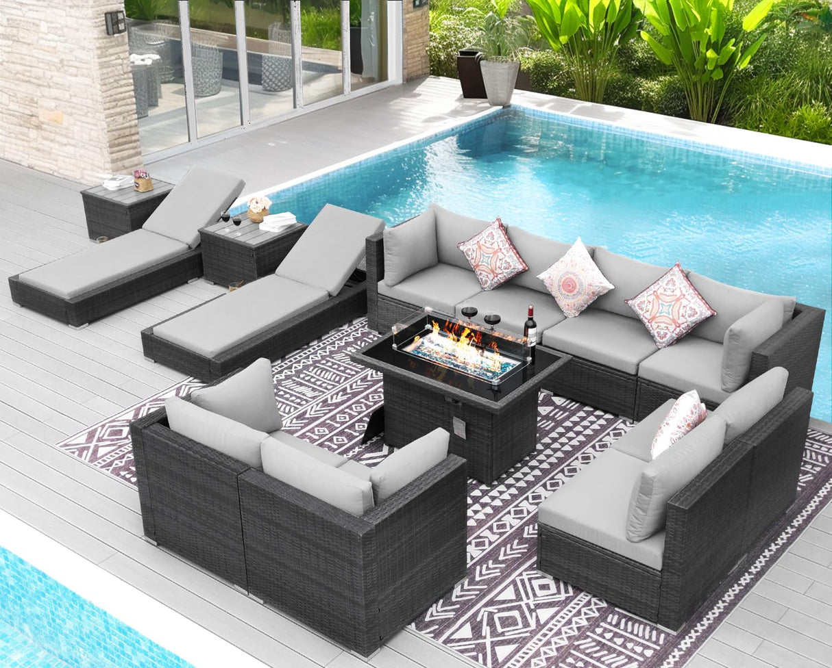 NICESOUL 13 Piece Outdoor Wicker Furniture for Patios with Fire Pits, Oversize Grey Outside Patio Set with Matching Lounges, 29.3" High Back Sectional Couch Sets for Tall Big People for Poolside, Yard NICESOUL