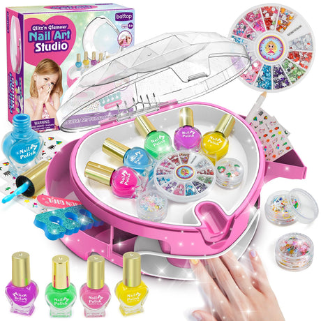 BATTOP Kids Nail Polish Set for Girls, Nail Art Kit for Kids with All-in-One Organizer Nail Dryer, Polish, Stickers, Gems, Filer - Ideas Gift for Girls 6 7 8 9 10 11 12 - Dress-Up Toy BATTOP