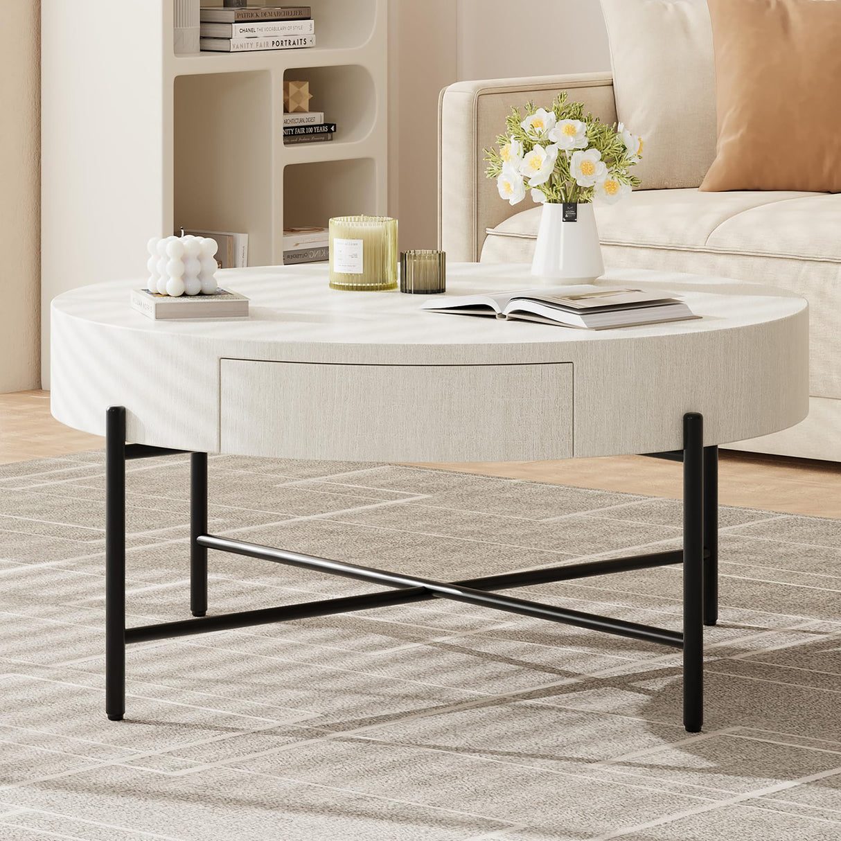 GarveeHome Round Coffee Table with Drawers Circle Living Room Table Wood Accent Coffee Table with Storage White Center Table GarveeHome