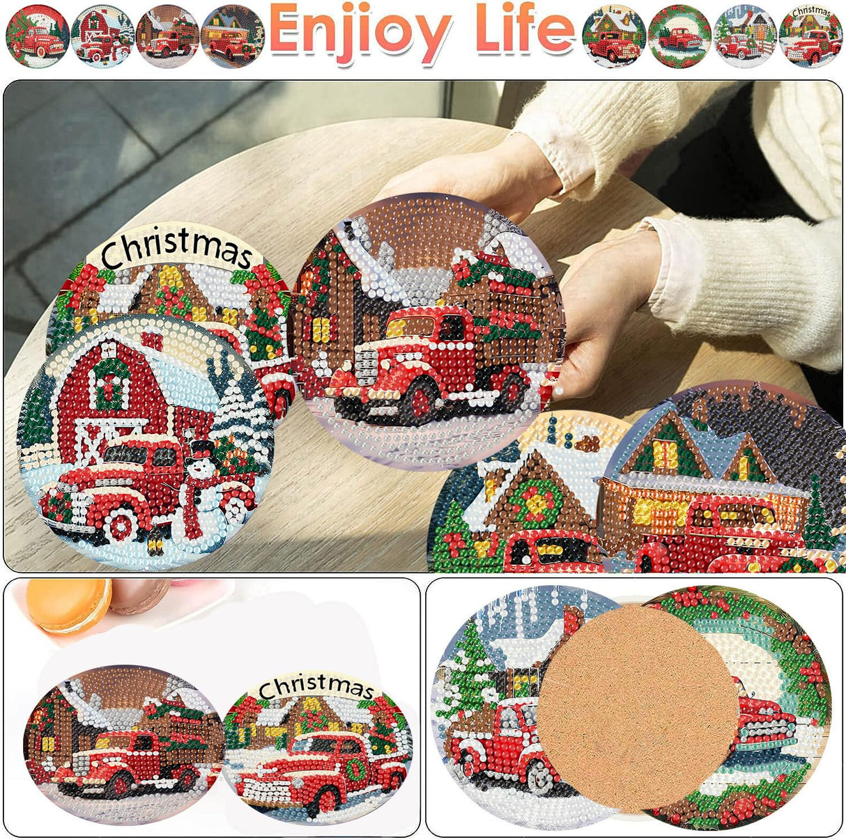 ijbnhd 8 PCS Christmas Diamond Art Coasters Kit, Christmas Truck Diamond Painting Coasters with Holder, Arts and Crafts Supplies Astral 4X4inch (Cork Wooden Pad) ijbnhd