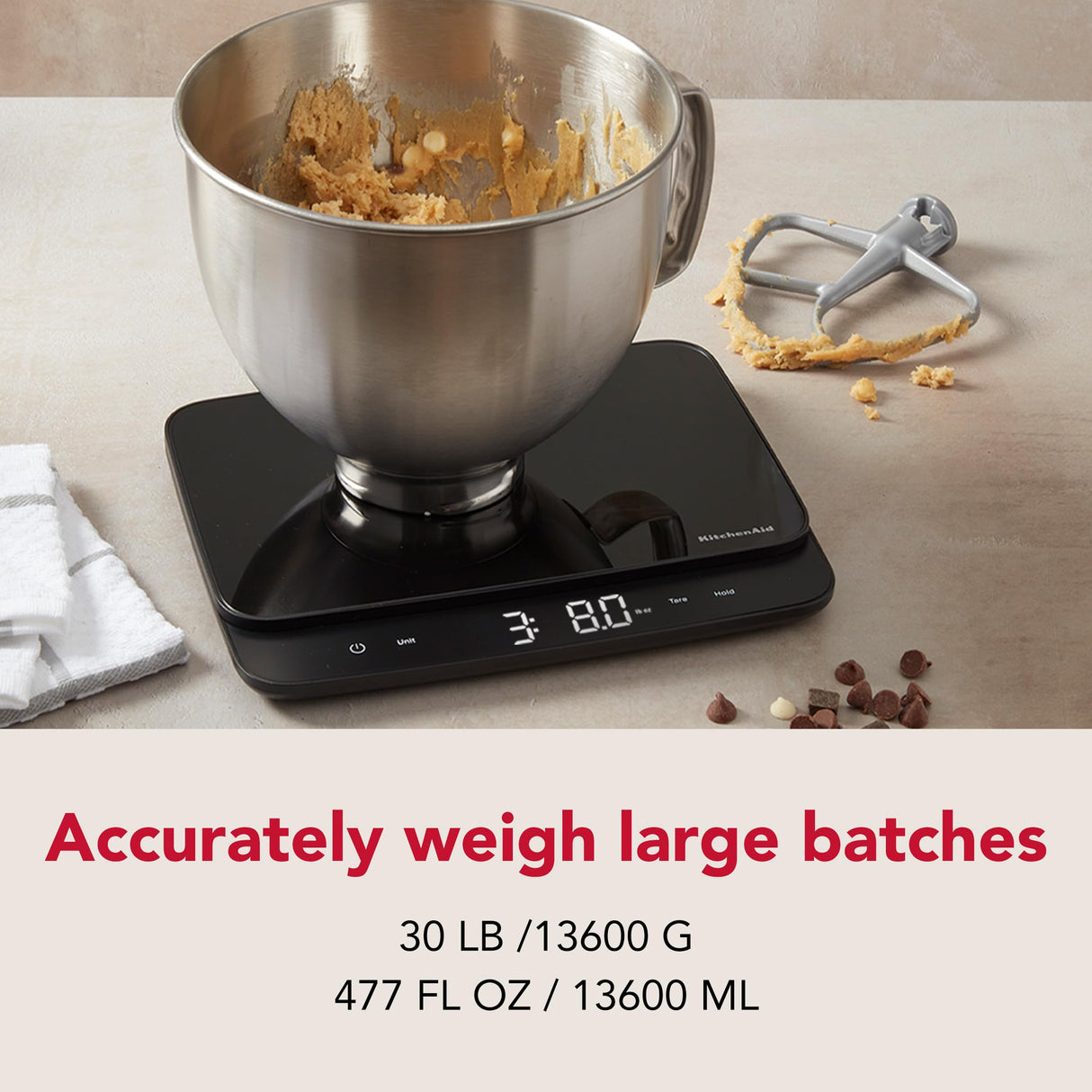 KitchenAid KQ917 High Capacity Glass Surface Digital Kitchen and Food Scale, 30 Pound Capacity and Precision, Grams, Ounces, Pounds, Fluid Ounces & Milliliters, LED, Tare Function, Black KitchenAid
