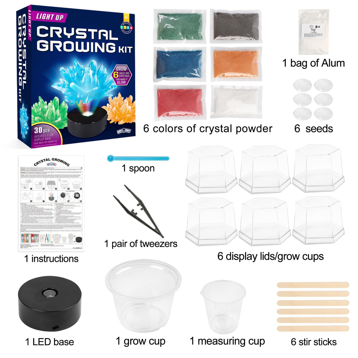 BenBen Crystal Growing Kit for Kids, Grow 6 Crystals with Light Up Display Stand, Educational STEM Toys for Girls and Boys, Science Kit for Kids Age 8-14, Birthday Gifts Science Experiments BenBen