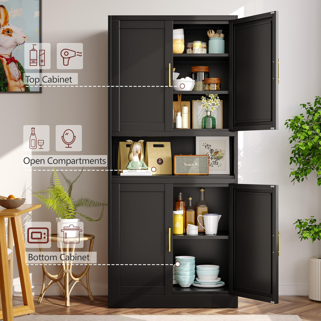 winiowa 71" Tall Kitchen Pantry Storage Cabinet, Metal Bathroom Storage Cabinet with Doors and Adjustable Shelves,Black Kitchen Cabinets with Microwave Stand, Large Cupboard for Bathroom Dining Room winiowa
