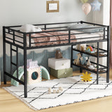 Metal Twin Size Low Loft Bed with Storage Sheves for Kids,Heavy Duty Kids Loft Bed for Boys Girls Junior,Space Saving,Black Bellemave