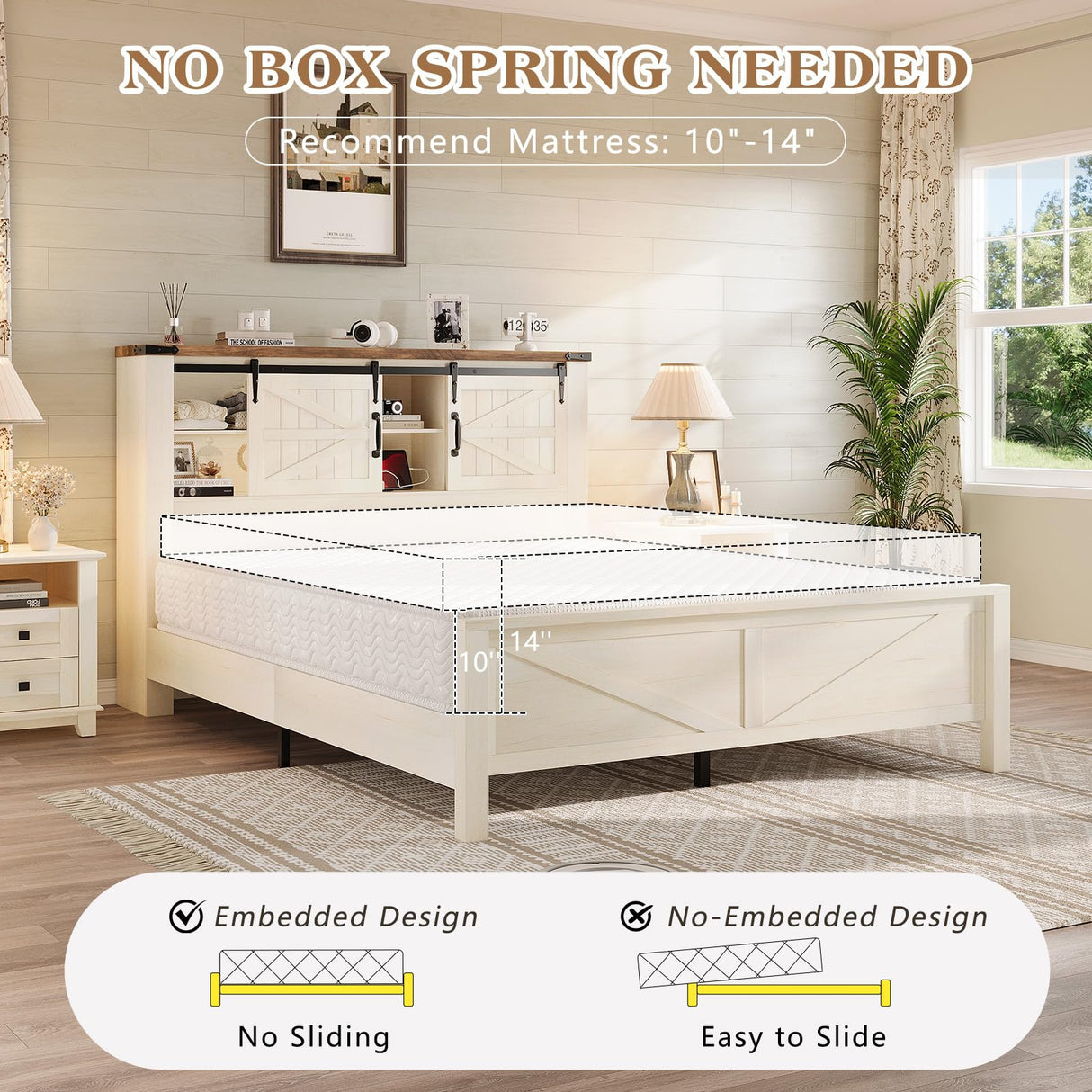 LUXOAK Farmhouse Bed Frame with Sliding Barn Door Storage Headboard, Full Size Bookcase Bed with Charging Station & Adjustable Shelf, No Box Spring Needed, Antique White LUXOAK