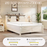 LUXOAK Farmhouse Bed Frame with Sliding Barn Door Storage Headboard, Full Size Bookcase Bed with Charging Station & Adjustable Shelf, No Box Spring Needed, Antique White LUXOAK