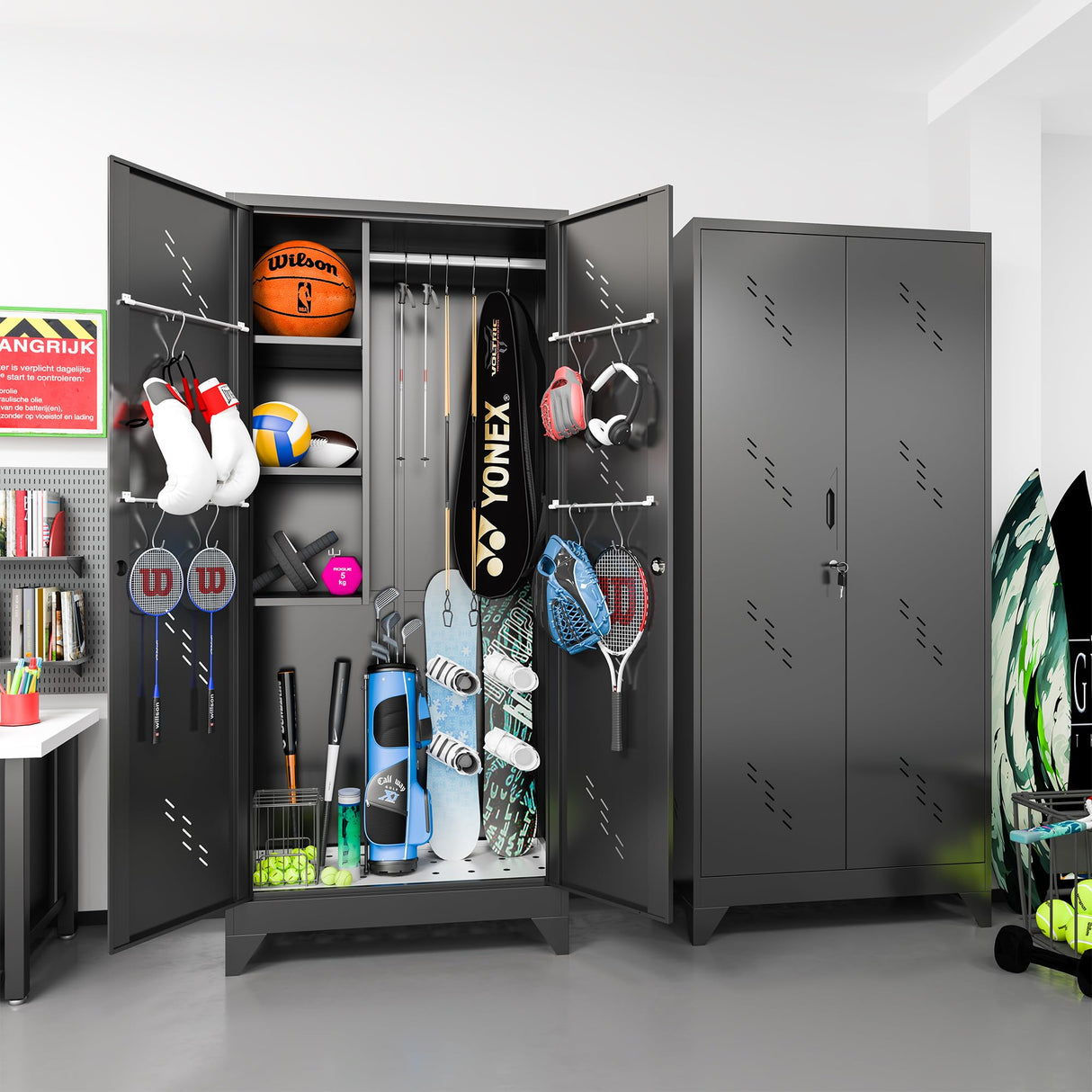 METALREAD 75" Metal Storage Cabinet, Tall Broom Cabinet, Garage Cabinets with Locking Doors, Black Outdoor Utility Broom Closet Storage Cabinets for Office, Bathroom, Warehouses METALREAD