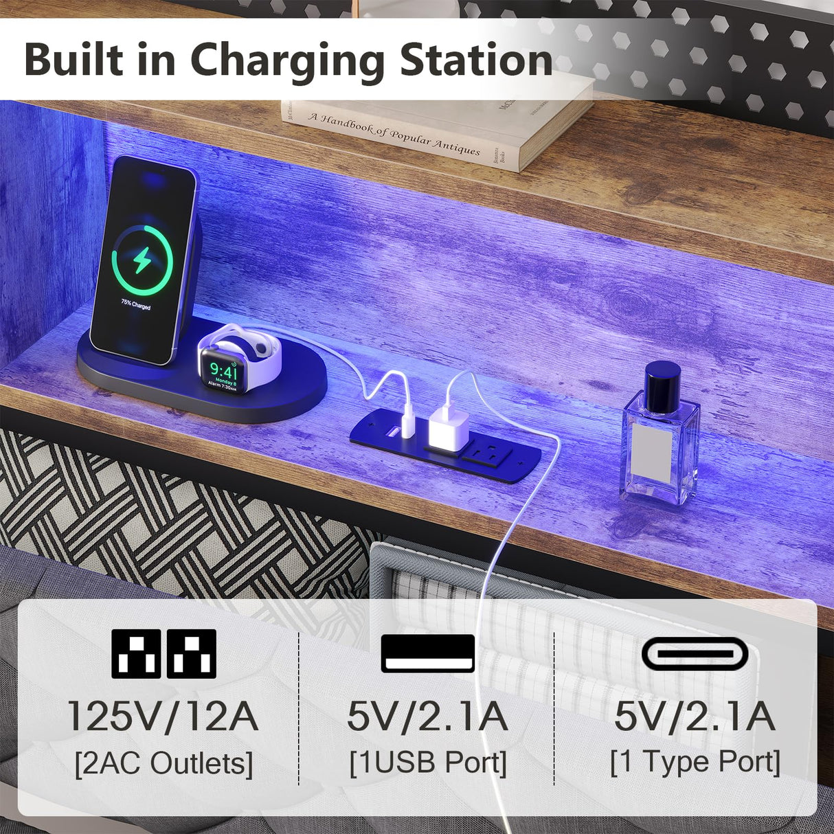 Dnxao King Bed Frame with Upholstered Headboard, Bed Frame King Size with Hidden Storage,3-Tier Storage Shelves, LED Lights and Charging Station, King Bed with Noise-Free, No Box Spring Needed, Gray Dnxao