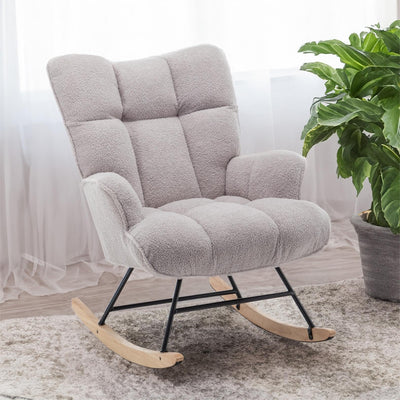 SAETSFEG Rocking Chair Nursery Teddy Upholstered Glider Rocker Rocking Accent Chair Padded Seat with High Backrest Armchair Comfy Side Chair for Living Room Bedroom Offices (Grey Teddy)