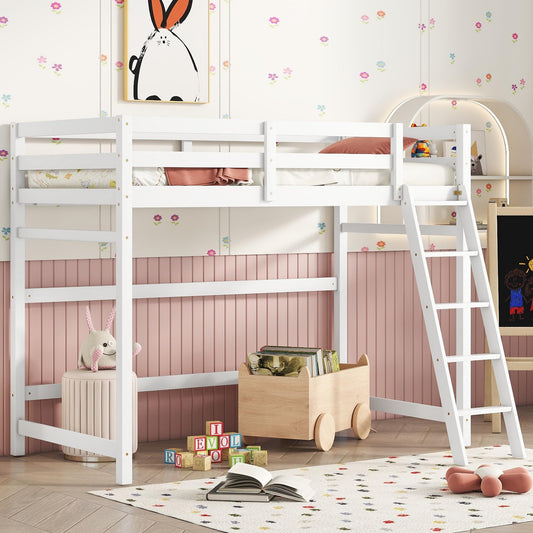 Bellemave Twin Size Loft Bed with Ladder, Wooden Loft Bed for Kids Teens, Loft Bed for Girls, Boys, White