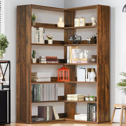 4 EVER WINNER Corner Bookshelf with Storage and LED Light, Wood 6 Tier Industrial Large Corner Bookshelf Etagere Bookcase, 71” Tall Corner Book Shelf Display Rack with Baffles for Home Office