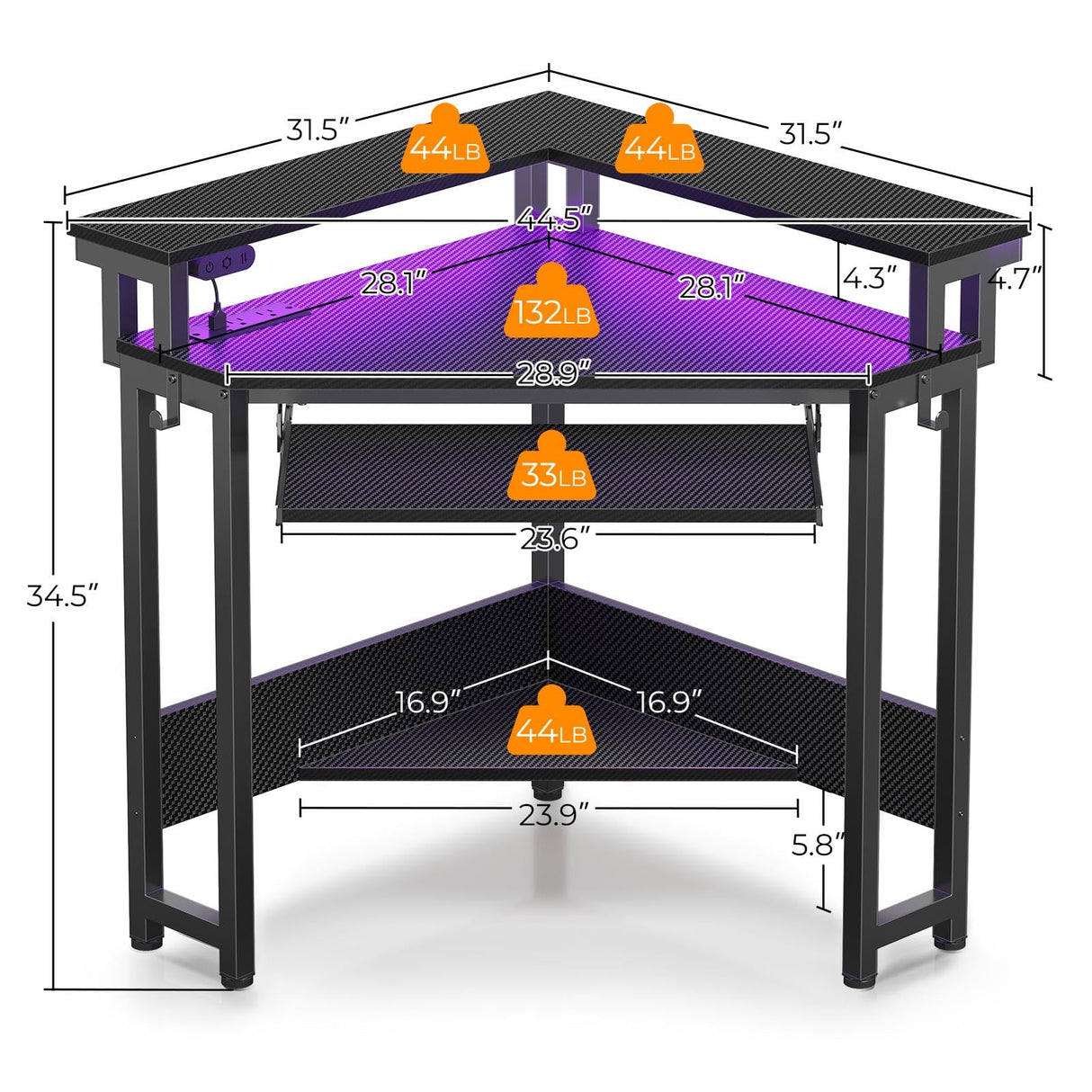 Rolanstar Corner Desk, 44.5" W x 34.5" H Small Carbon Fiber Computer Desk with Power Outlets, LED Lights and Keyboard Tray, Small Office Computer Desk with Monitor Stand for Small Space, Carbon Black Rolanstar