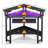 Rolanstar Corner Desk, 44.5" W x 34.5" H Small Carbon Fiber Computer Desk with Power Outlets, LED Lights and Keyboard Tray, Small Office Computer Desk with Monitor Stand for Small Space, Carbon Black Rolanstar