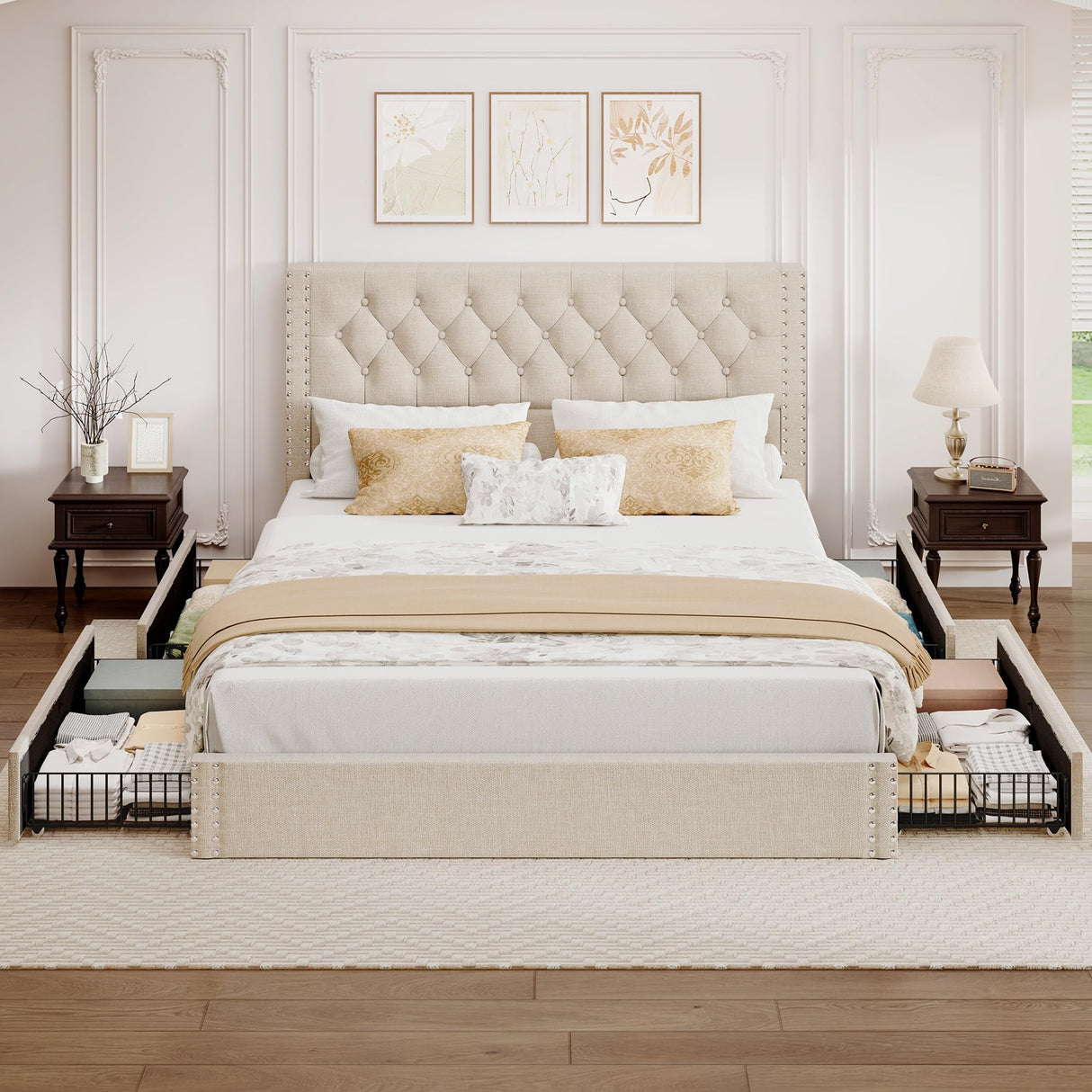 BRELTAM King Size Bed Frame with 4 Storage Drawers and Tufted Headboard Linen Upholstered Platform Bed Frame with Heavy Duty Wood Slats, No Box Spring Needed, Beige BRELTAM