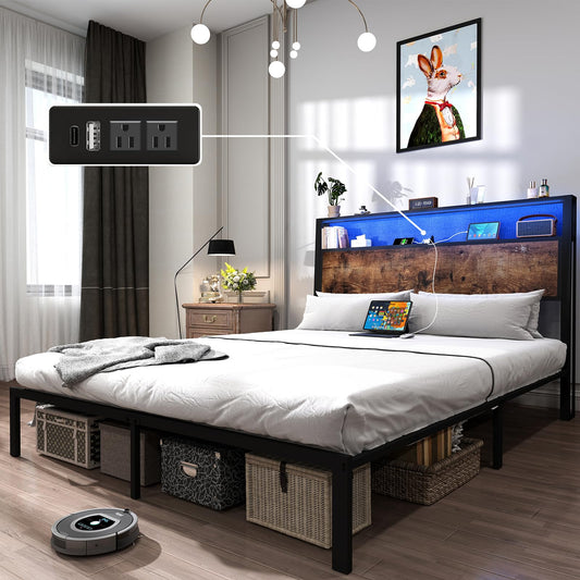 Queen Size Bed Frame with Storage Headboard, Charging Station & RGB LED Lights - WoodArtSupply