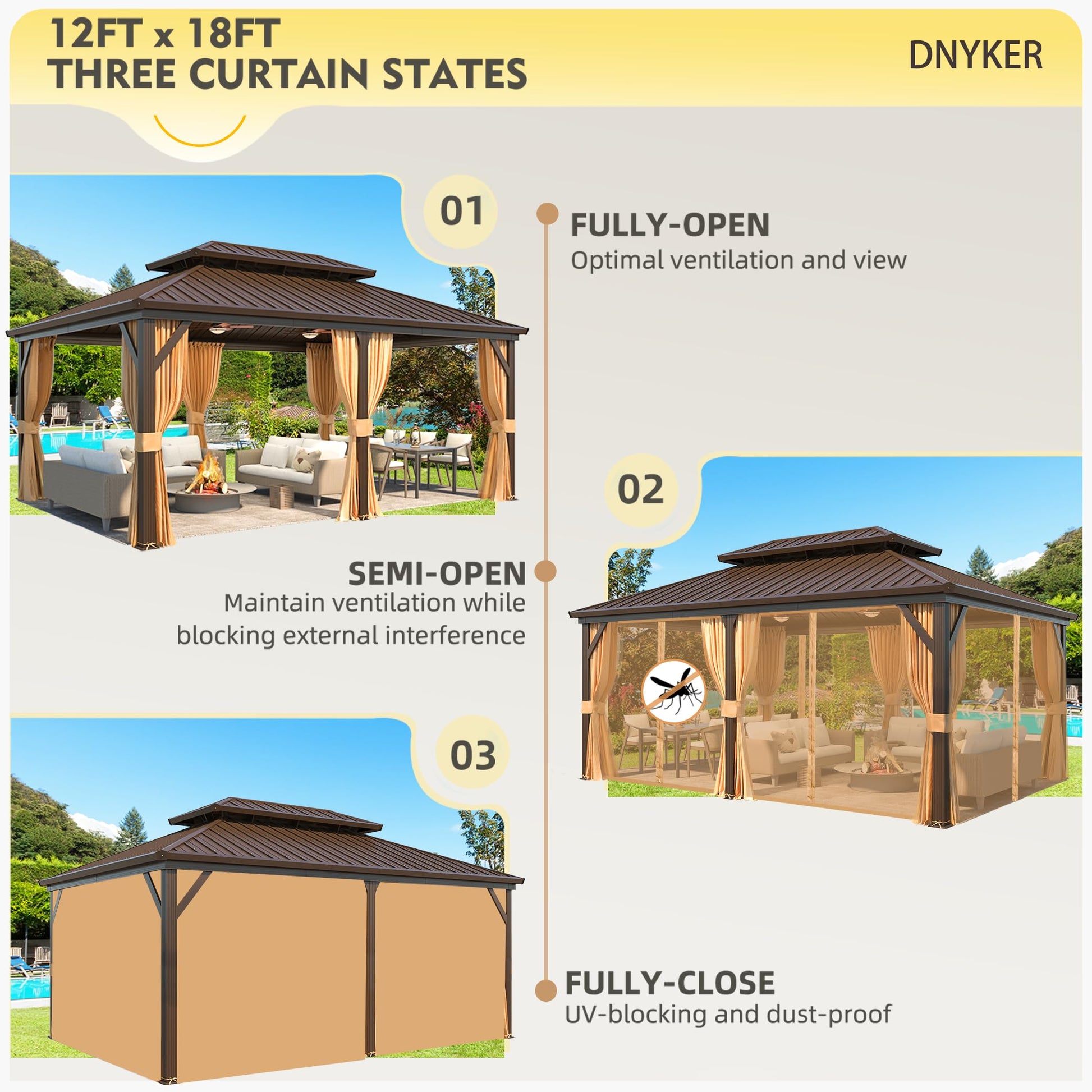 12'x18' Hardtop Gazebo, Galvanized Steel Double Roof Metal Gazebo with Anti-Rust Coating Aluminum Frame, Permanent Outdoor Pavilion with Curtain and Netting for Patio, Lawn and Garden - WoodArtSupply