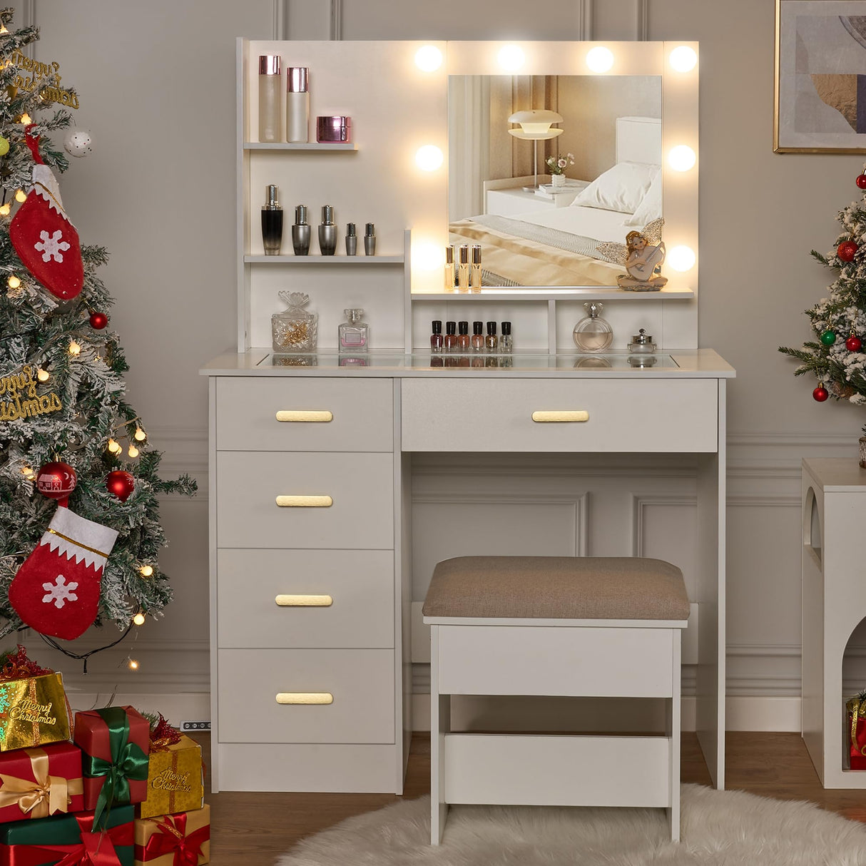 ANWBROAD Makeup Vanity Desk with Mirror and Lights Power Outlet 35.5" Vanity with Glass Top Dresser 3 Lighting Modes Brightness Adjustable White Vanity Desk with Drawers Shelves Bedroom Stool UBDT64W ANWBROAD