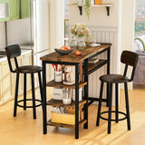 Recaceik Rustic Brown Counter Height Dining Set with Bar Table and 2 Upholstered Stools and Storage Shelves Recaceik