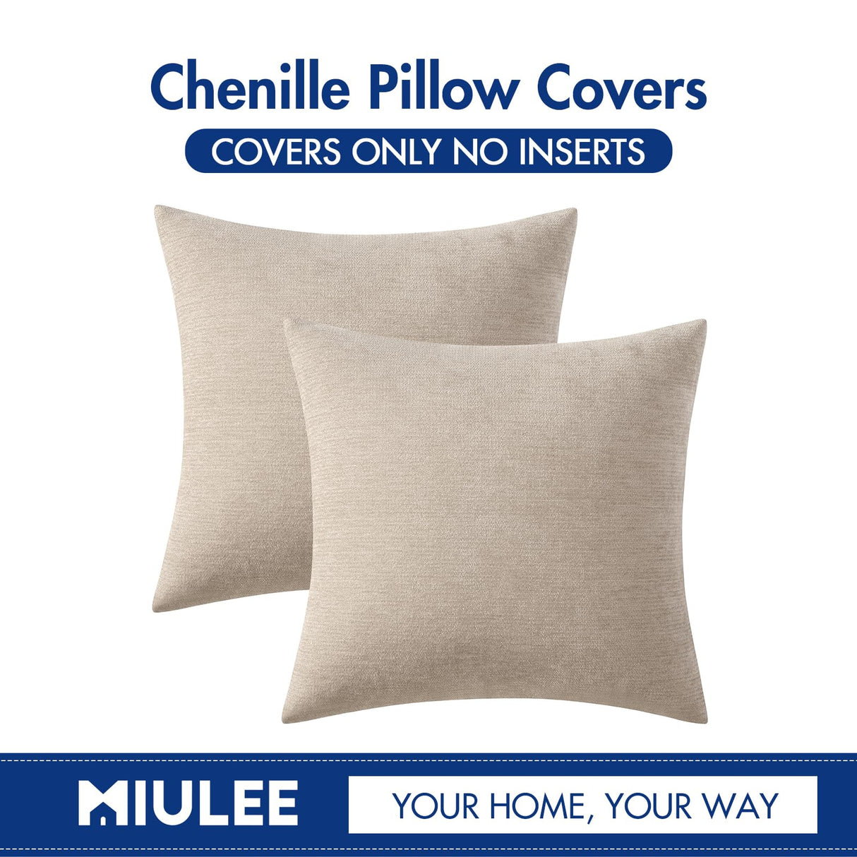 MIULEE Pack of 2 Beige Decorative Pillow Covers 18x18 Inch Soft Chenille Couch Throw Pillows Farmhouse Cushion Covers for Home Decor Sofa Bedroom Living Room MIULEE