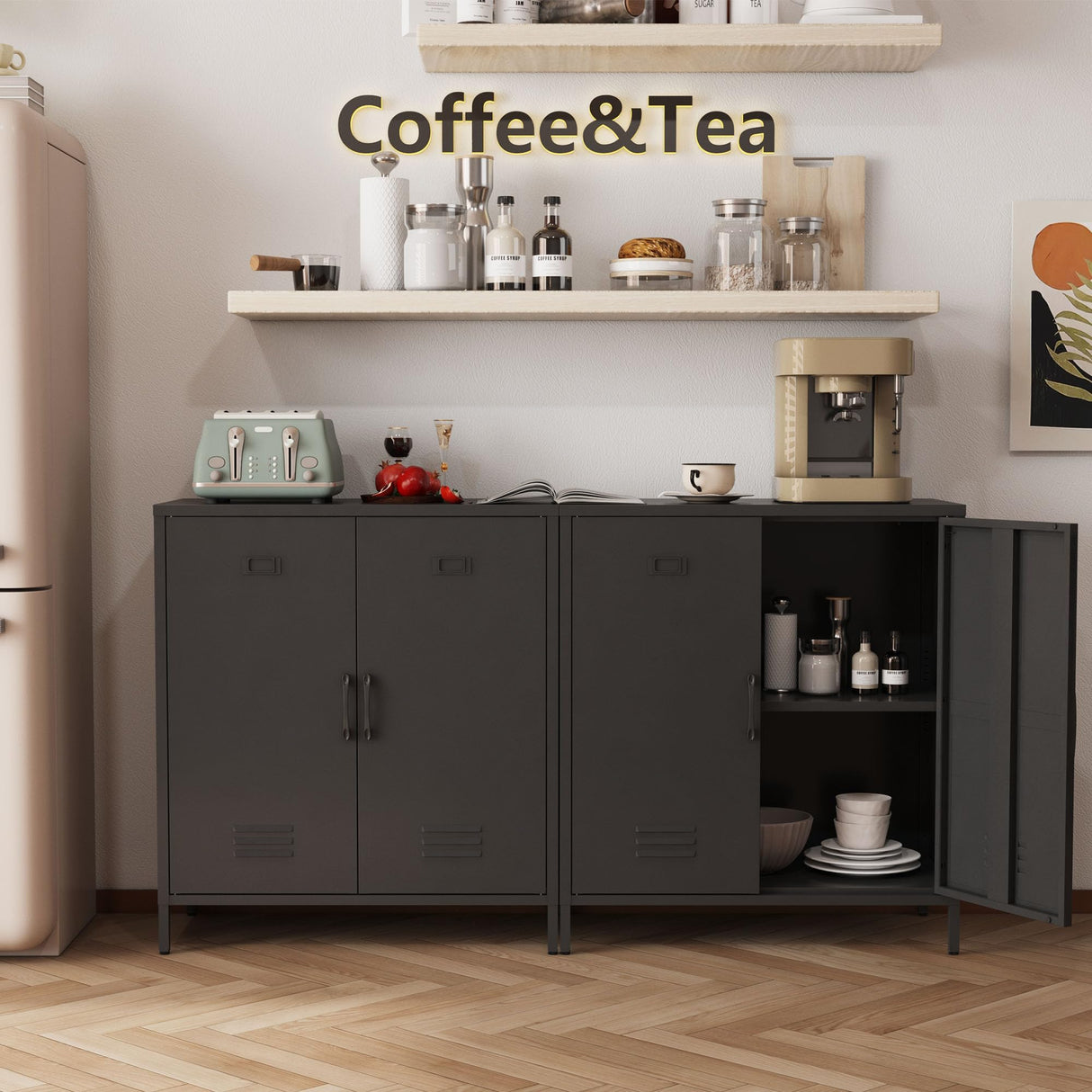 MIOCASA Metal Storage Cabinet - Multi-Purpose Buffet Sideboard Cabinet with Adjustable Shelf & Leveling Feet, Heavy-Duty Steel Design for Living Room, Kitchen, Entryway (Black) MIOCASA