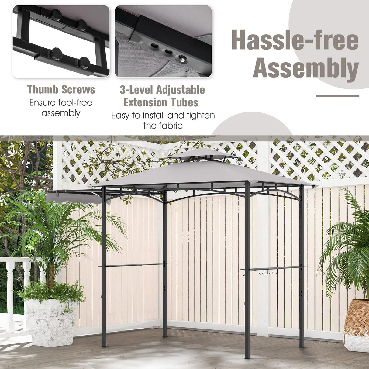 Tangkula 10.5x5 FT Grill Gazebo with Side Awning, 2-Tier Barbecue Gazebo with 2 Shelves, 12 Hanging Hooks, Bottle Opener, Outdoor Grill Canopy for Backyard Garden Poolside (Grey) Tangkula
