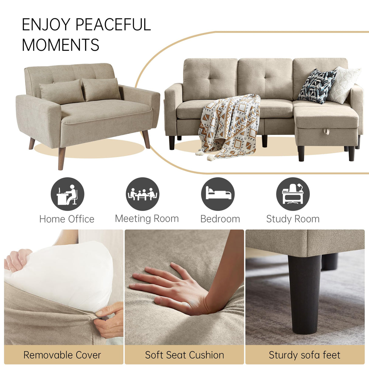 Pingliang Home 2 Piece Comfy Couch Set, 3 Seater & 2-Seater Sofa and Loveseat Set with Ottoman, Modern Sofa Sets for Living Room/Apartment/Office, Beige Pingliang Home