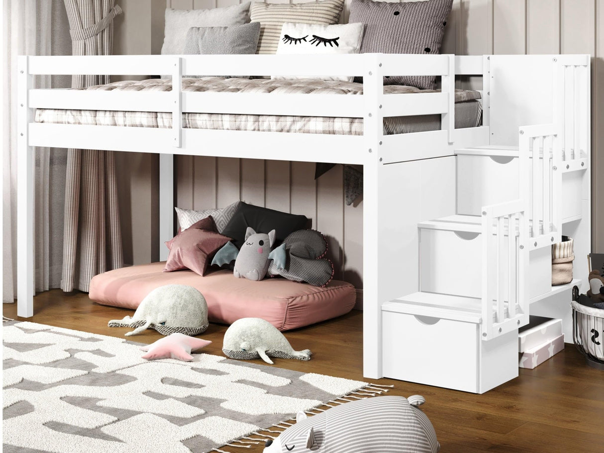 Bedz King Contemporary Low Loft Twin Bed with 3 Step-Stairway, White Bedz King