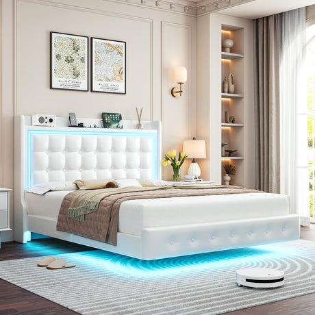 Keyluv Upholstered Full Floating Bed Frame with LED Lights and Charging Station, Pu Leather Platform Bed with Button Tufted Storage Headboard, Type-C & USB Charging Ports, No Box Spring Needed, White Keyluv