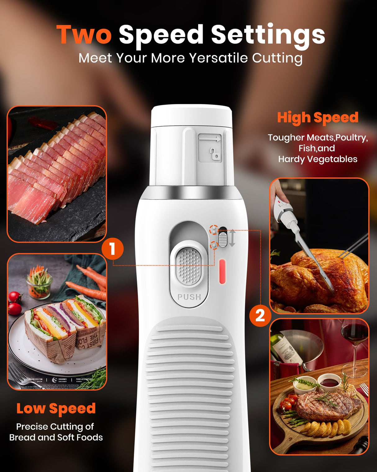 LAUDLIFE Electric Knife, Cordless Cutting Knife, Ergonomic Design with Comfortable Contoured Grip Rechargeable Easy-Slice Electric Carving Blade for Meat Slicing, Bread, Fillet, Turkey, White LAUDLIFE