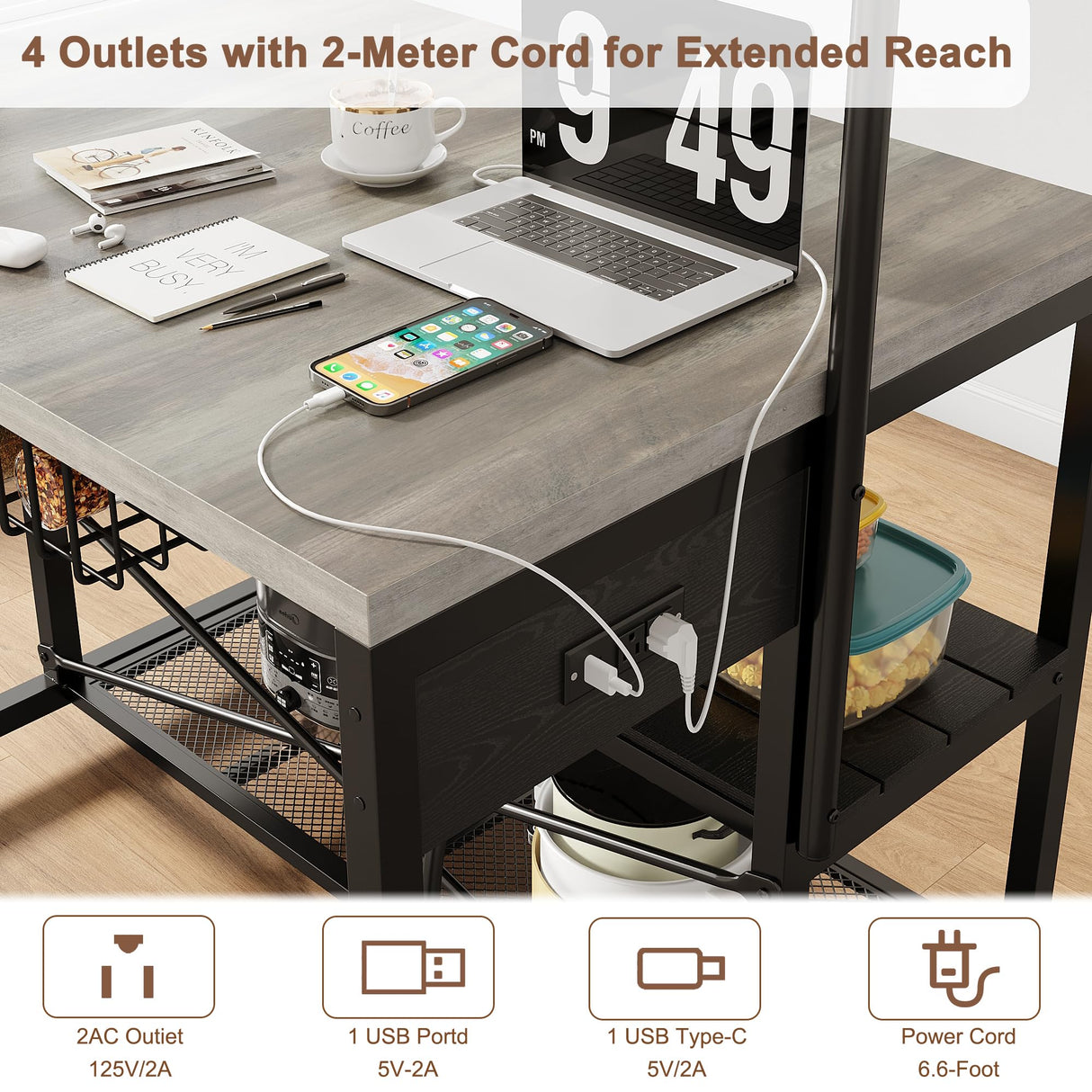 Jocoevol 46" Large Kitchen Island Table Baker Rack with Power Outlet and 3-Tier Storage-Microwave Stand Oven Shelf, Metal Coffee Bar Table,Kitchen Storage Shelf for Dining Living Room, 5 Hooks,Grey Jocoevol