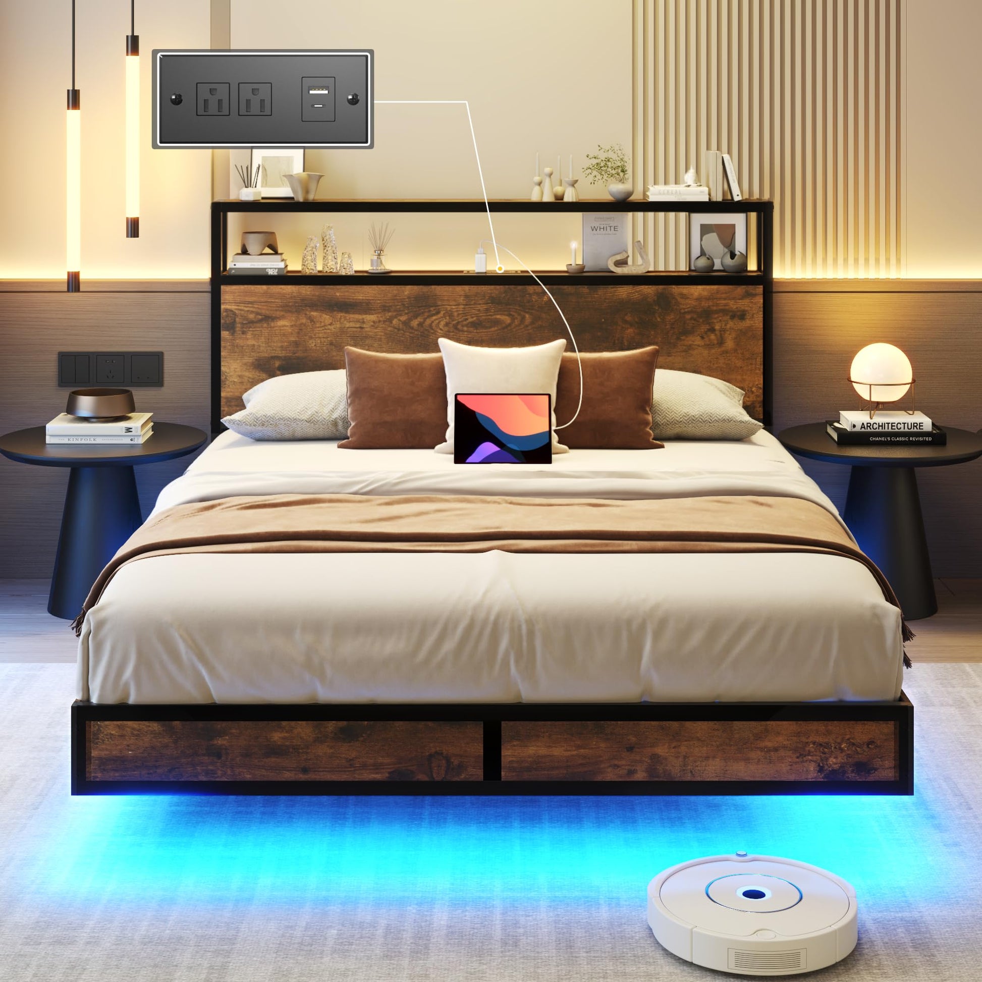 HISOFT Vintage Brown Floating Full Bed Frame with LED Lighting and Storage Headboard - WoodArtSupply