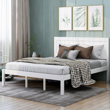 Merax Queen Size Wood Platform Bed with Headboard – White Finish, No Box Spring Needed Merax