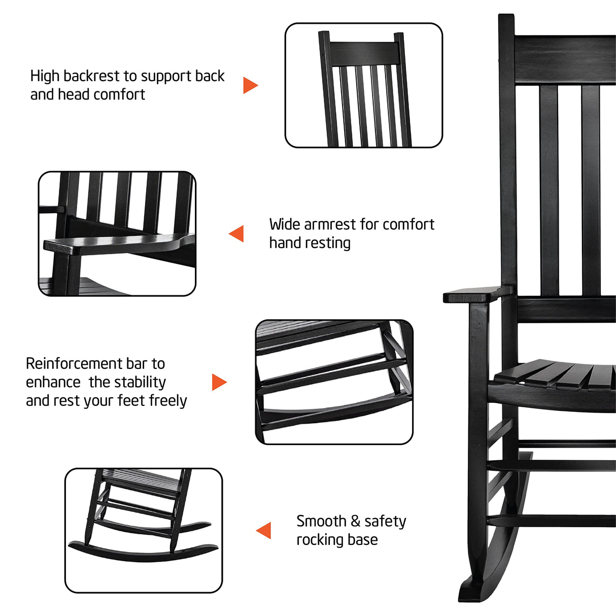HOMESTEAD Wooden Rocking Chair Outdoor Furniture - Acacia Solid Wood Black Rocking Chair Front Porch Furniture - FSC Certified Hardwood Indoor & Outdoor Adirondack Rocking Patio Rocker Porch Chairs HOMESTEAD