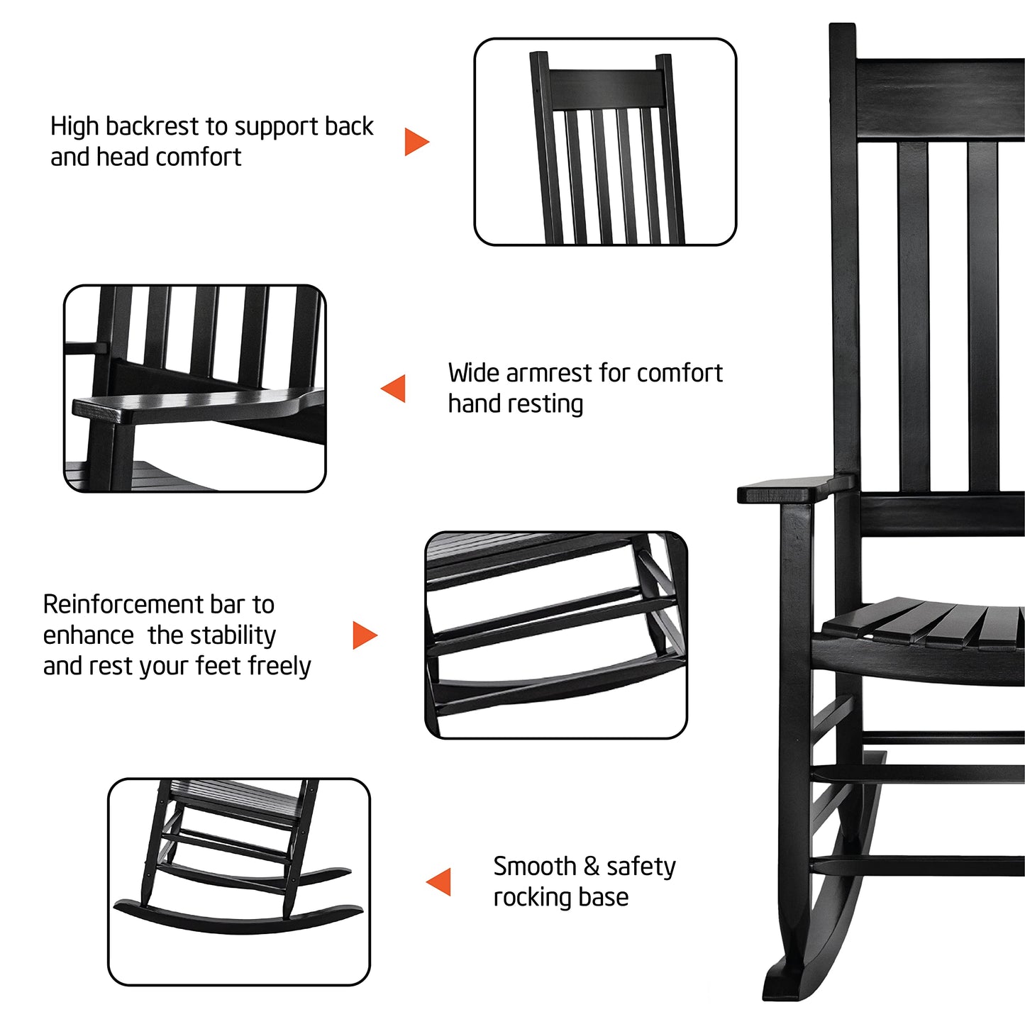 HOMESTEAD Wooden Rocking Chair Outdoor Furniture - Acacia Solid Wood Black Rocking Chair Front Porch Furniture - FSC Certified Hardwood Indoor & Outdoor Adirondack Rocking Patio Rocker Porch Chairs