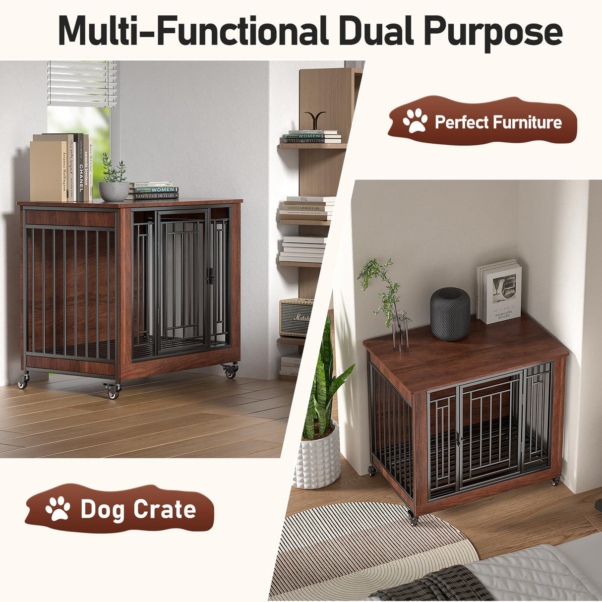 Dog Crate Furniture, 32" Dog Kennel Furniture, Small Dog Kennel Indoor, Dog Crates for Small Dogs, Wooden Dog Crate with Wheels, Tray, Feeding Window Ageroul