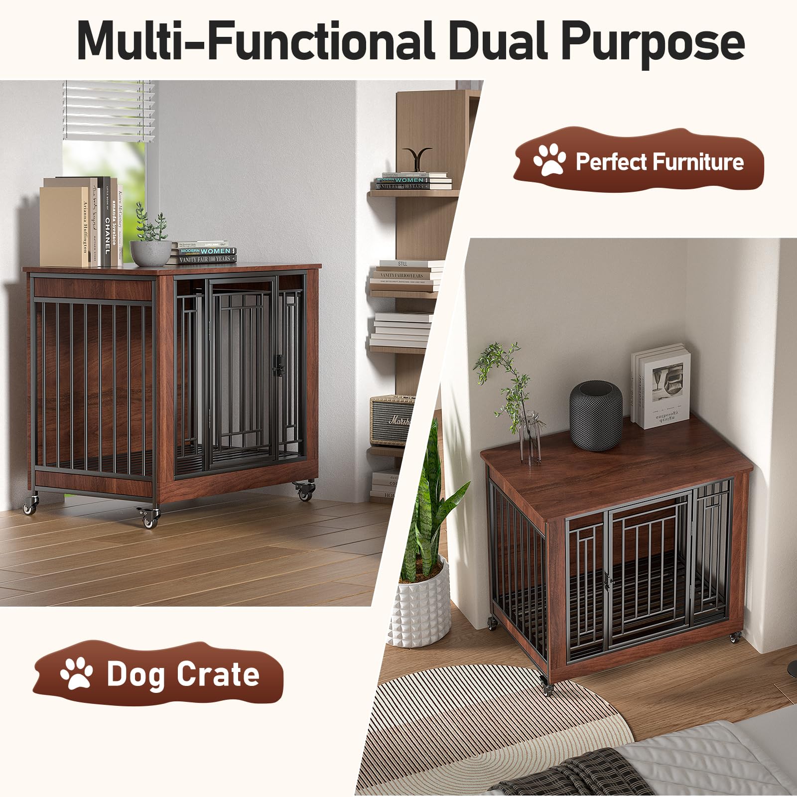 Dog Crate Furniture, 32" Dog Kennel Furniture, Small Dog Kennel Indoor, Dog Crates for Small Dogs, Wooden Dog Crate with Wheels, Tray, Feeding Window - WoodArtSupply