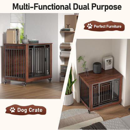 Dog Crate Furniture, 32" Dog Kennel Furniture, Small Dog Kennel Indoor, Dog Crates for Small Dogs, Wooden Dog Crate with Wheels, Tray, Feeding Window - WoodArtSupply