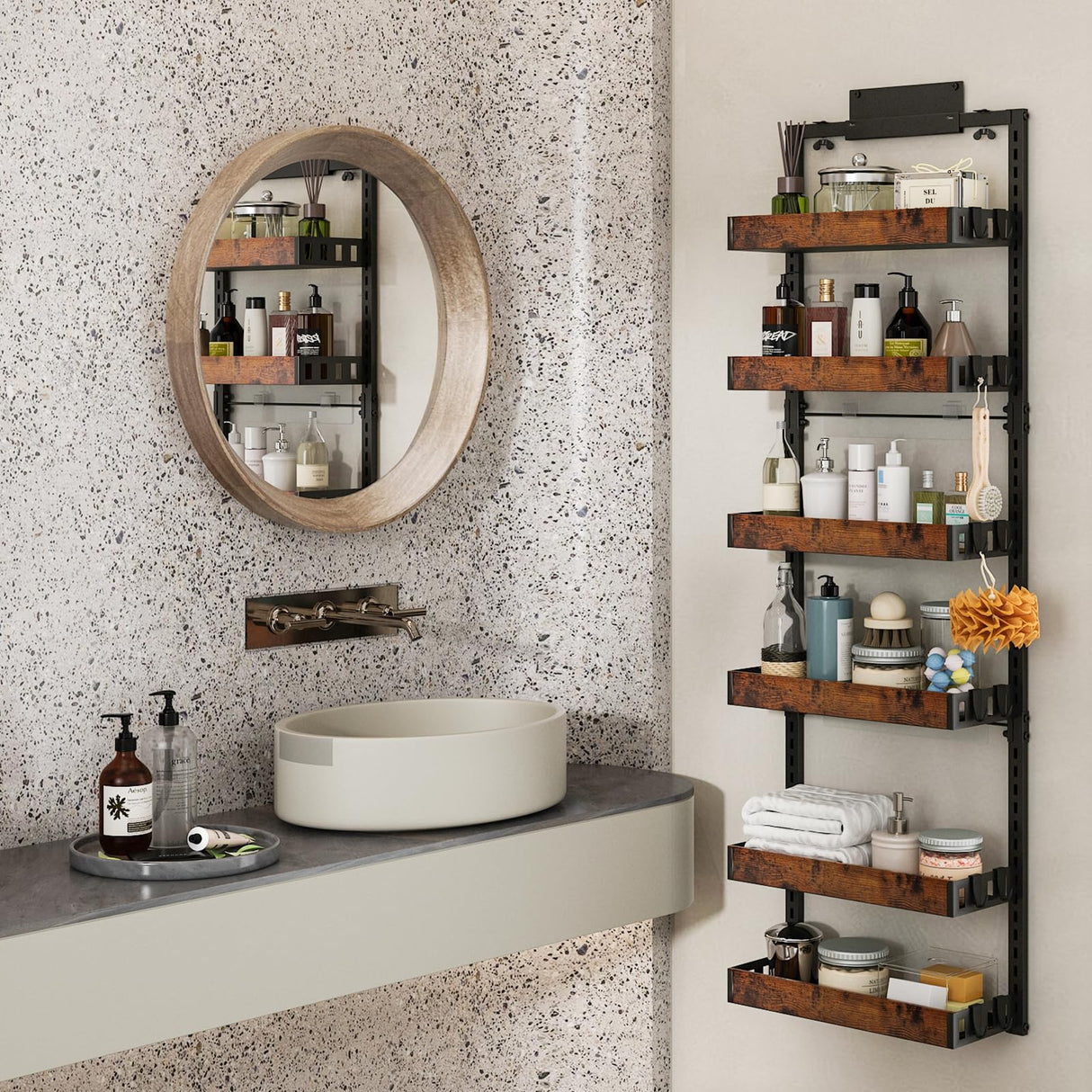 bukfen Over the Door Pantry Organizer, 6-Tier Adjustable Wooden Basket Kitchen Pantry Door Organization and Storage, Heavy-Duty Metal Hanging Kitchen Spice Rack,D6.3 x W17.71 x H50.60 inch,1 Pack bukfen