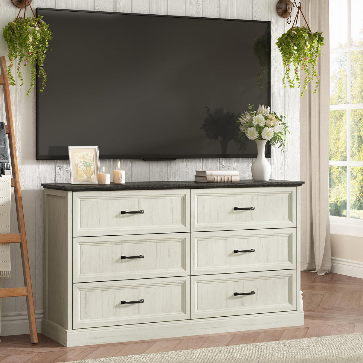 Farmhouse 6 Drawer Dresser for Bedroom, 55 Inch Wide Modern White Dresser TV Stand with Large Drawers & Bar Handles, Rustic Wood Chest of Drawers for Bedroom, Living Room, Hallway, Entryway. CARPETNAL