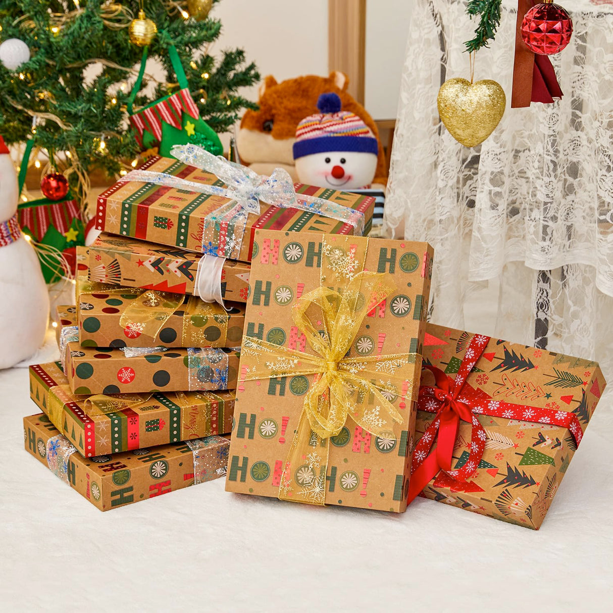 SUNCOLOR 12 Pack 14" Brown Large Christmas Gift Boxes With Lids For Clothes Presents SUNCOLOR